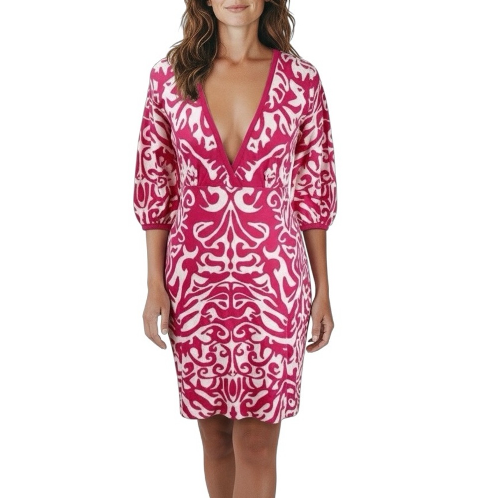 LAUNDRY BY DESIGN Fuchsia & White Filagree Knit Plunging Neckline Dress NWT